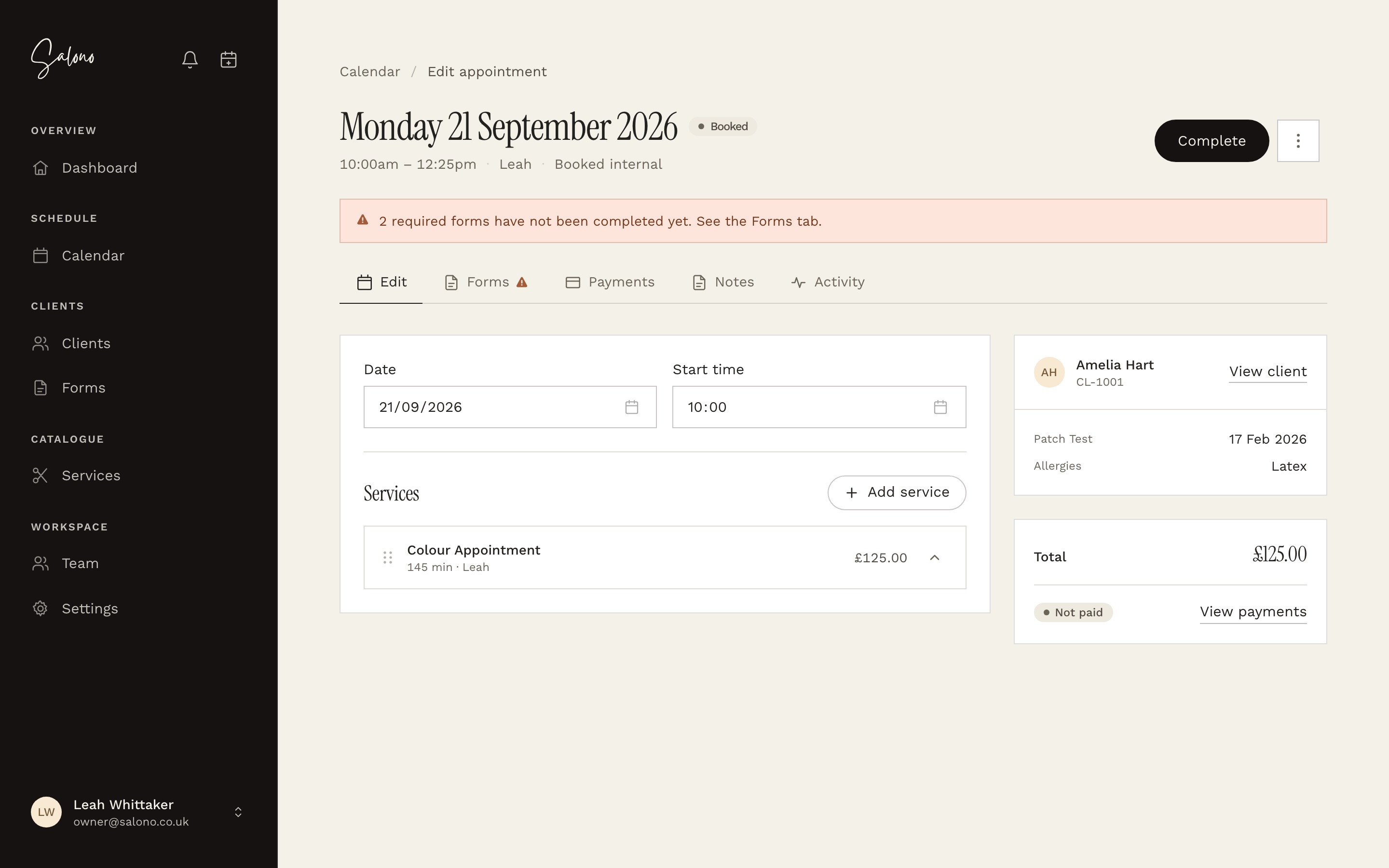 An appointment detail page with its services, client and activity