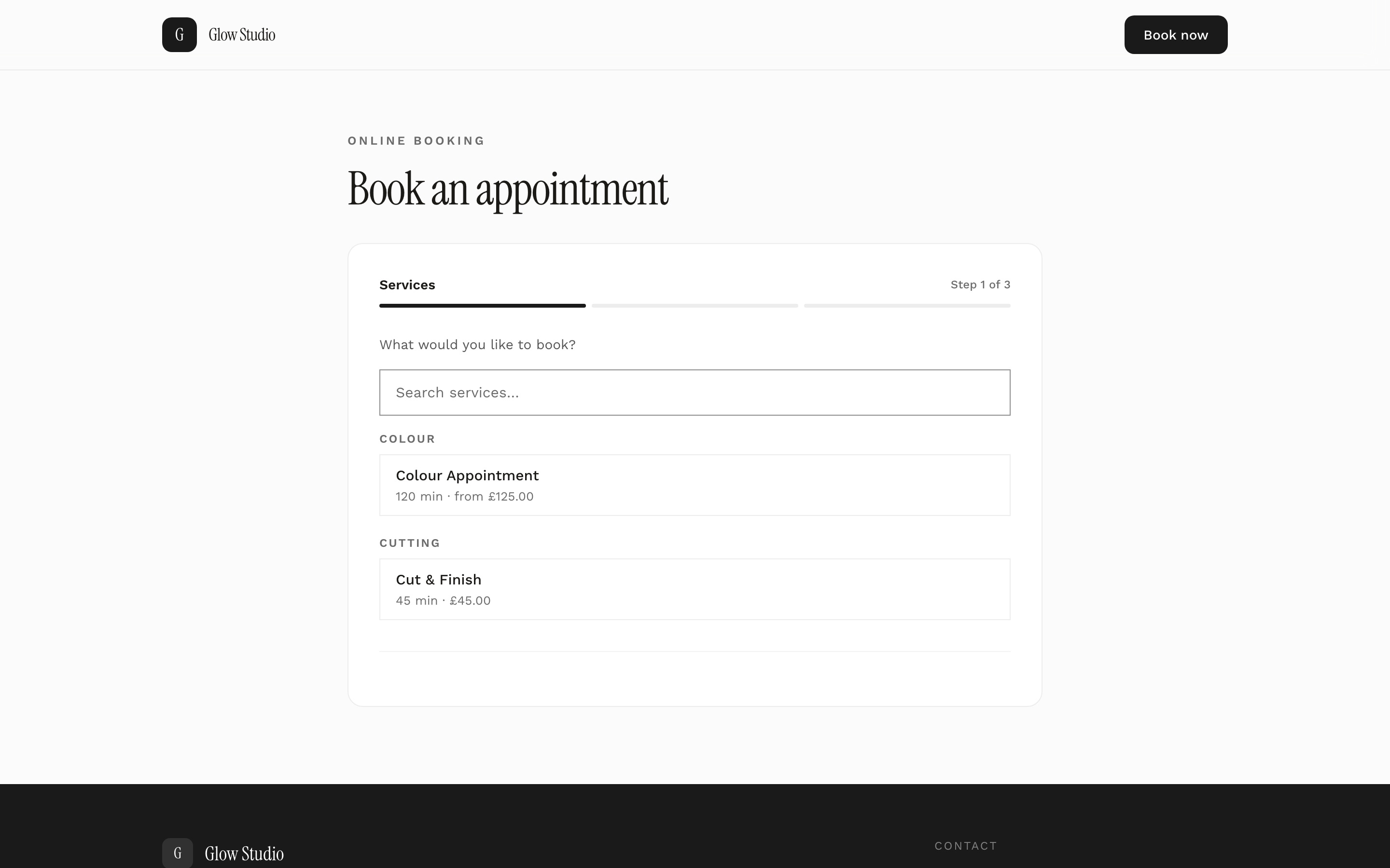 A white-label online booking page listing services with durations and prices