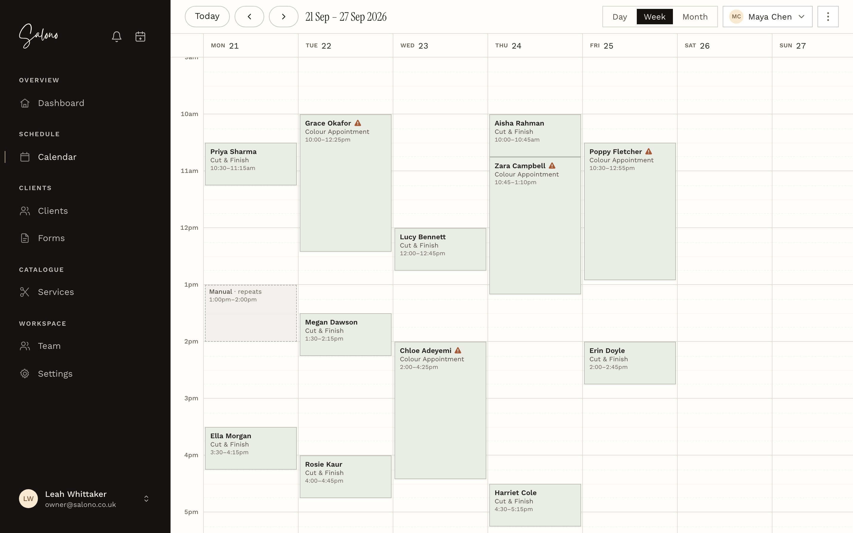 The Salono calendar in week view with appointments for two team members