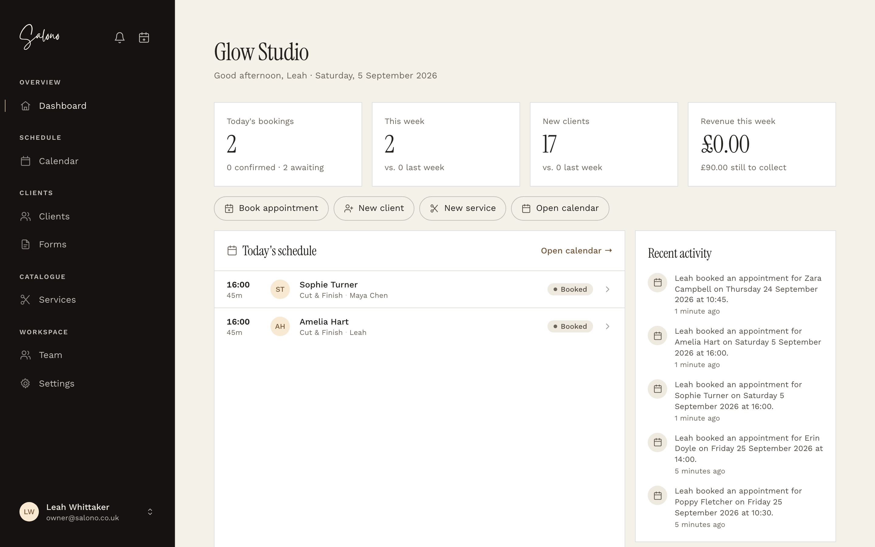 The Salono dashboard showing today's bookings, revenue and recent activity