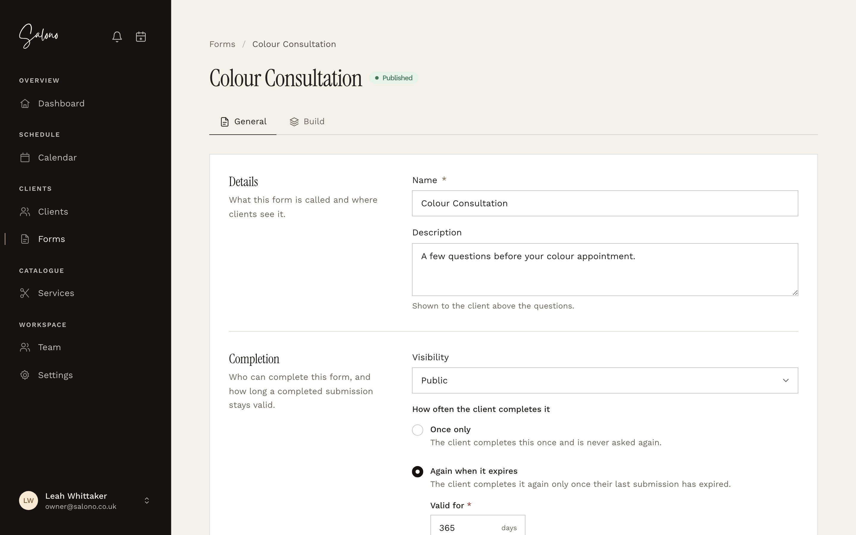 A colour consultation form with its visibility and renewal settings