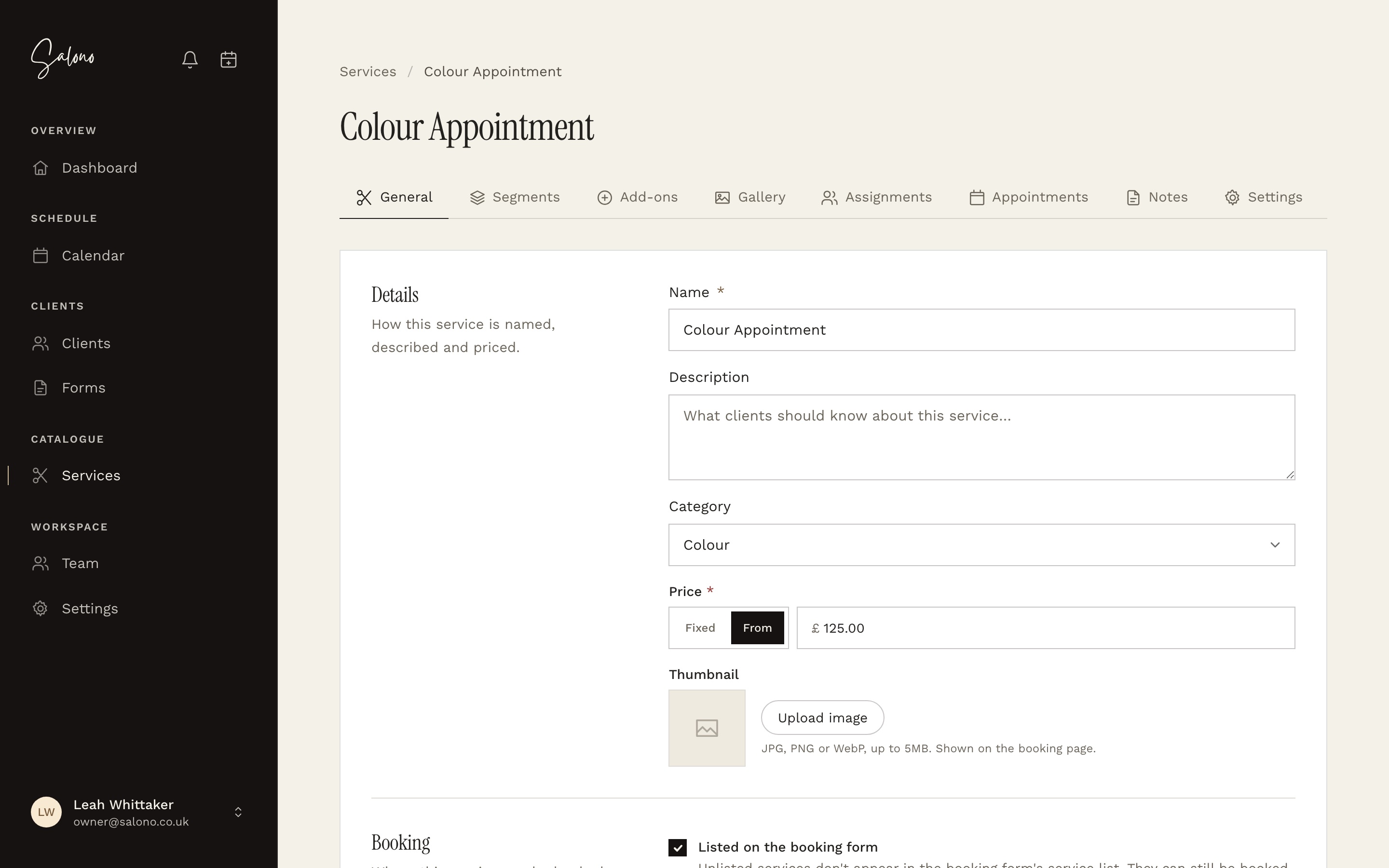 A service being edited with its category, price type and booking settings