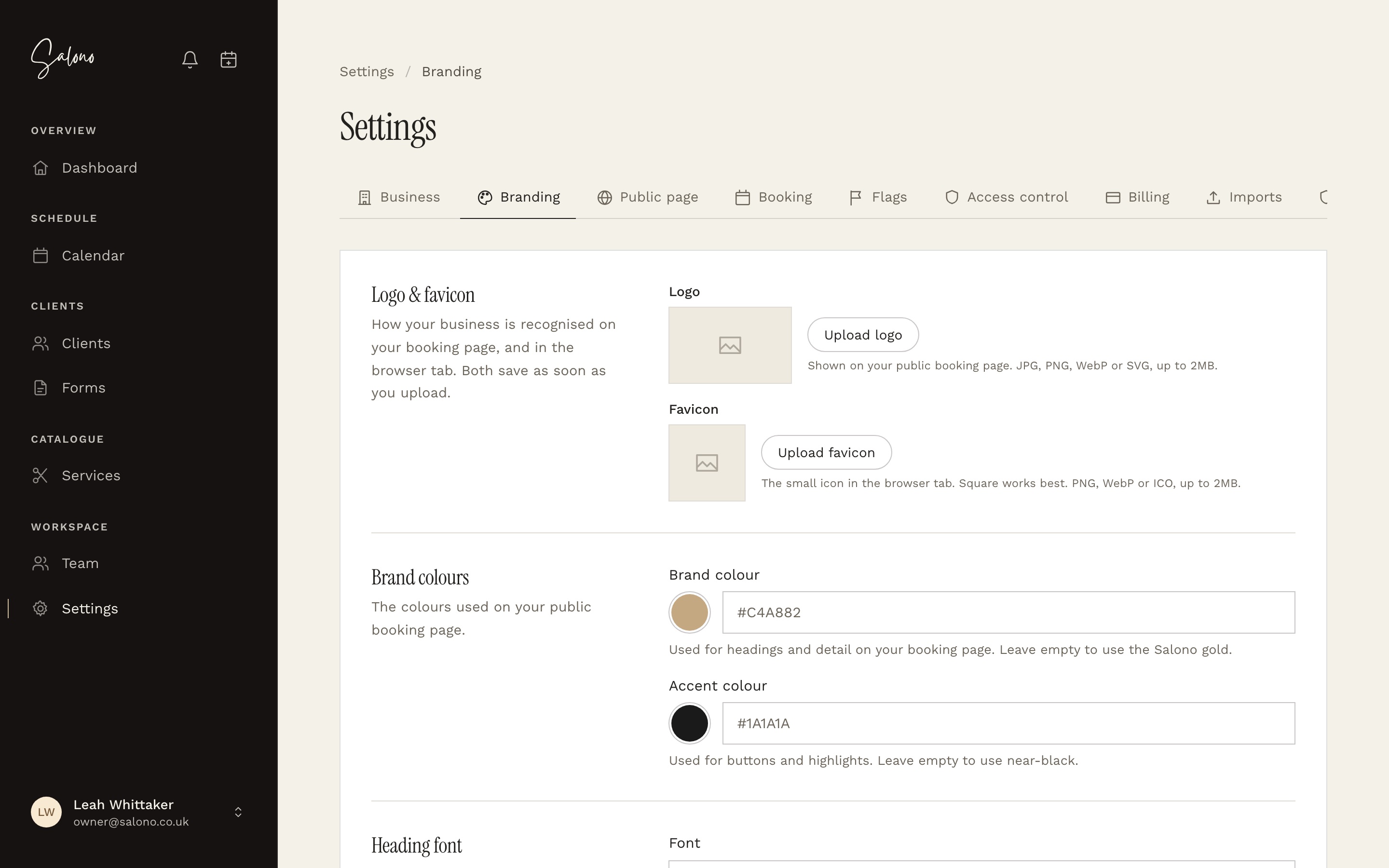The branding settings page with logo, favicon and brand colour fields